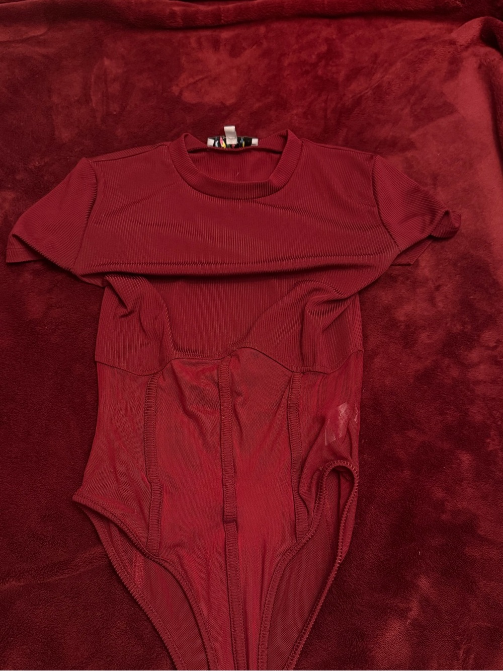 Ribbed Short-Sleeve One-Piece Bodysuit in Burgundy